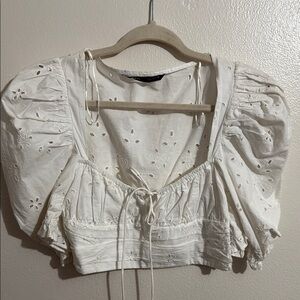 Zara White Puff Sleeve Crop Blouse